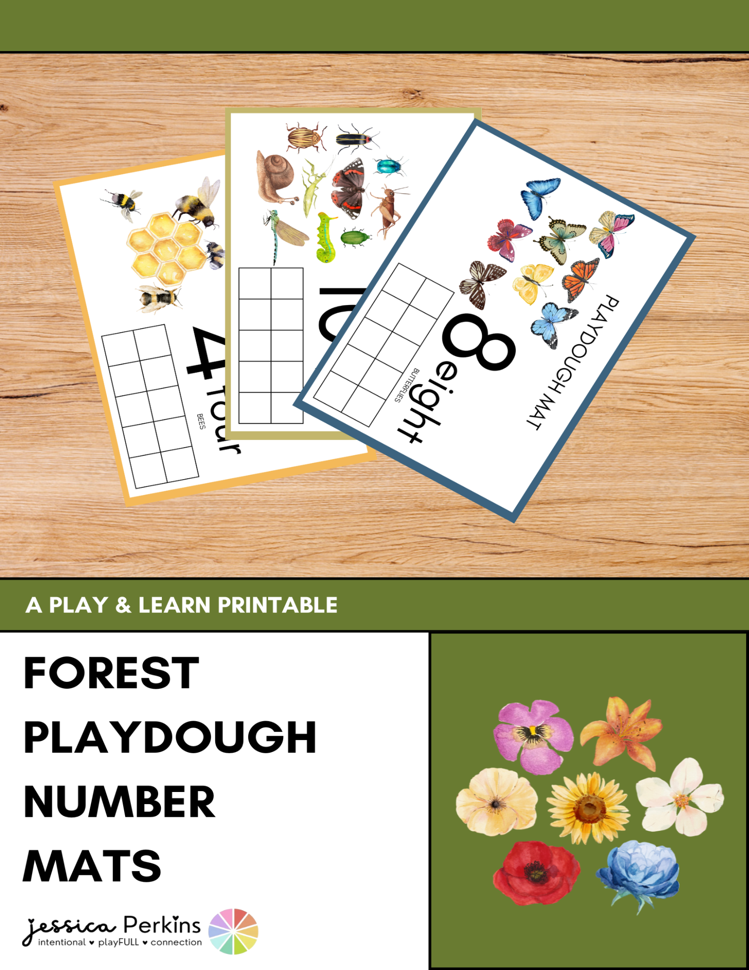 Forest-themed playdough number mats on a wooden surface with a green banner at the bottom.